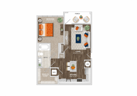 One-bedroom apartment floor plan showing a bedroom, bathroom with walk-in closet, kitchen with island, living room with seating, and a porch with two chairs and plants. Wood and tile flooring are visible.