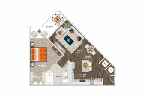 A one-bedroom apartment floor plan with a bedroom, walk-in closet, bathroom, kitchen, dining area, living room, washer/dryer, and a balcony with a table and chairs. Furniture is shown throughout each room.