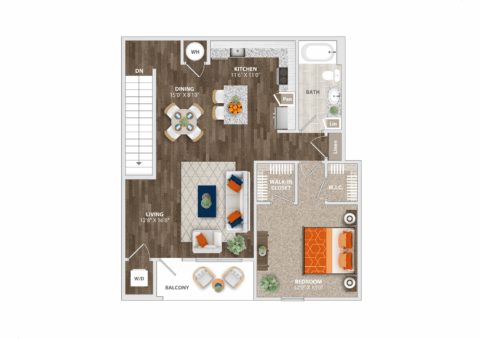 Floor plan of a one-bedroom apartment featuring a kitchen, dining area, living room with balcony, bathroom, laundry, and a bedroom with two walk-in closets. Furniture placement is shown throughout the layout.