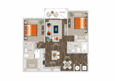 Floor plan of a two-bedroom, two-bath apartment featuring a living room, kitchen with island, dining area, two walk-in closets, washer/dryer, and a balcony. Bedrooms are on opposite sides of the living area.
