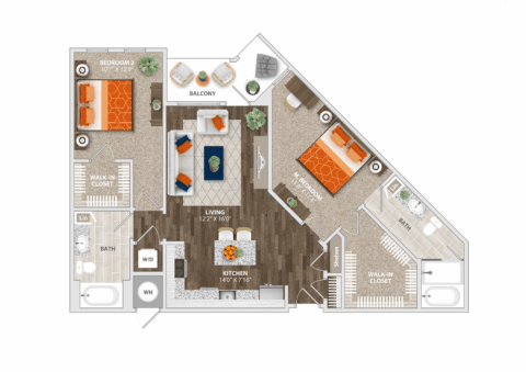 Floor plan of a two-bedroom, two-bath apartment with a kitchen, living area, balcony, walk-in closets, and laundry area. The layout is triangular with wood and tile flooring throughout.