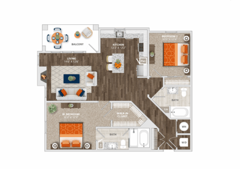 A 2-bedroom, 2-bathroom apartment floor plan with a kitchen, living room, dining area, walk-in closet, laundry area, and a balcony. Furniture arrangements are shown in each room.
