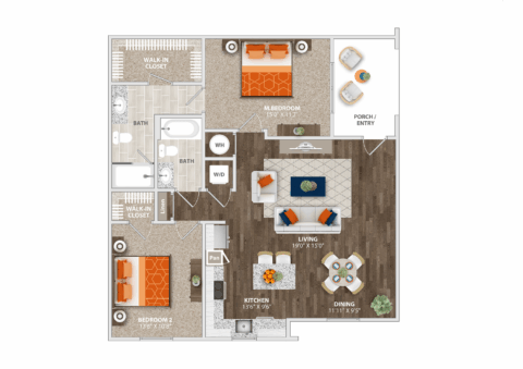 A 2-bedroom, 2-bath apartment floor plan featuring a living room, kitchen, dining area, washer/dryer, two walk-in closets, and a porch entry. Bedrooms and bathrooms are on opposite sides of the unit.