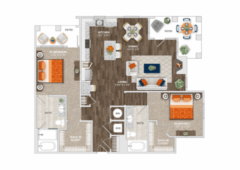 Floor plan of a two-bedroom, two-bath apartment with kitchen, dining area, living room, two patios, walk-in closets in both bedrooms, and a laundry area with washer and dryer. The layout is furnished and color-coded.
