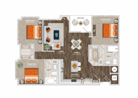 Floor plan of a three-bedroom apartment with two bathrooms, a kitchen, dining area, living room, balcony, laundry, and walk-in closets in two bedrooms. Rooms are labeled with dimensions and furnished for reference.