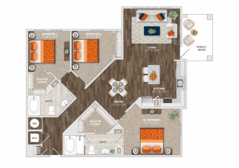 Floor plan of a three-bedroom, two-bath apartment featuring a master bedroom with walk-in closet and ensuite, two additional bedrooms, open kitchen, dining, living area, laundry, and a porch/entry with outdoor seating.