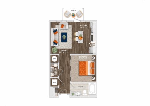 A 1-bedroom apartment floor plan with a porch, kitchen, living room, bedroom, bathroom, walk-in closet, washer/dryer, and storage. The living area and porch are furnished, and the decor features orange accents.